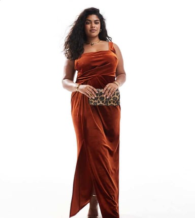 ASOS DESIGN Curve velvet square neck maxi dress with drape skirt in rust