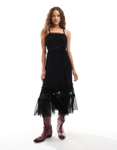 Reclaimed Vintage tulle maxi dress with corsage belt and necklace in black