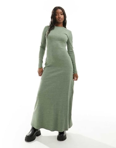ASOS DESIGN column ribbed maxi dress with crew neck in khaki