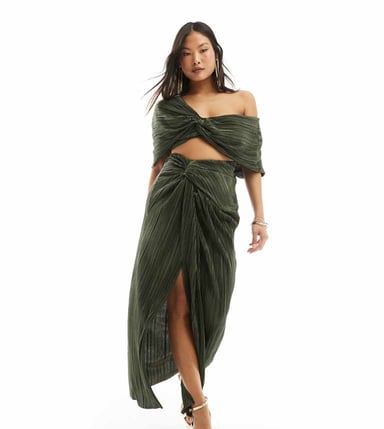 ASOS DESIGN Petite two in one fallen shoulder plisse maxi dress in khaki