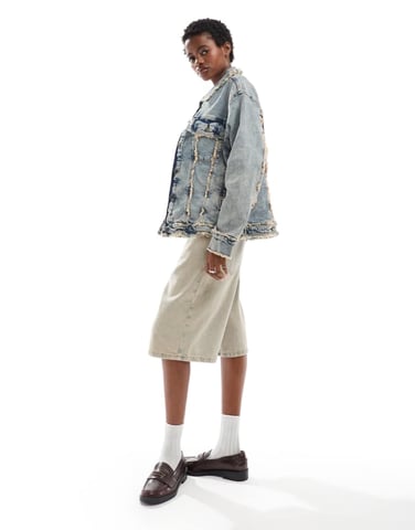 Noisy May denim jacket with open fray in blue acid wash