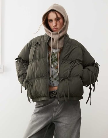 COLLUSION bow detail puffer coat in khaki