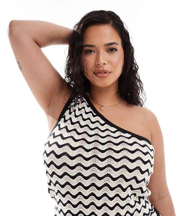 Noisy May Curve knitted one shoulder top co-ord in black & white wave