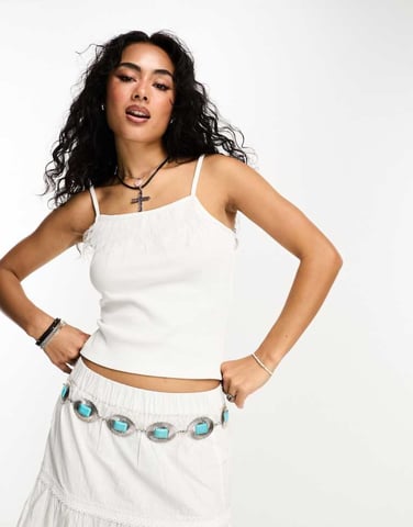 ONLY cropped top with feather trim in white