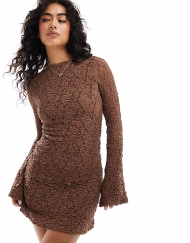 ASOS DESIGN slash neck lace mini dress in brown