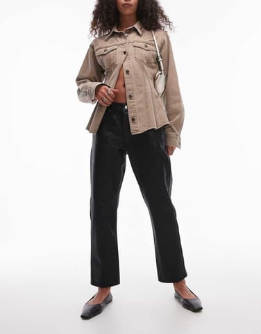 Topshop mid rise straight cropped coated jean in black