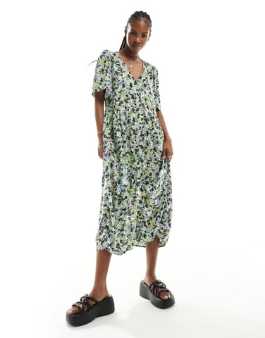 Monki button through midi dress in floral print