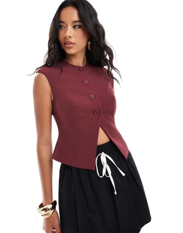 Kaiia exclusive tailored button through split front waistcoat in burgundy