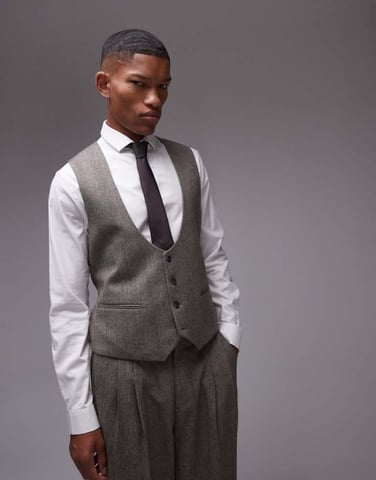 Topman premiumn wool mix striped herringbone waistcoat in brown