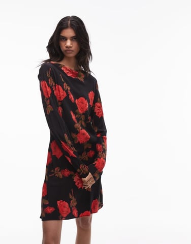 Topshop slash neck bias mini tea dress in rose floral