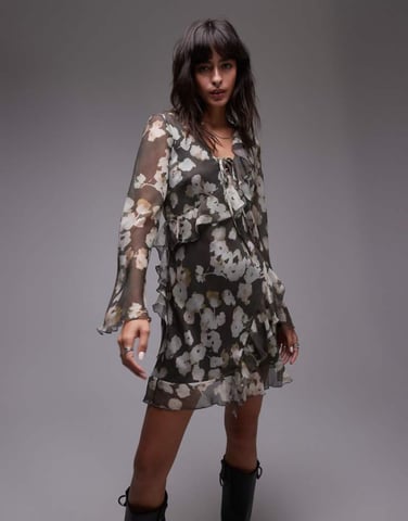 Topshop long sleeve frill mini tea dress watercolour floral
