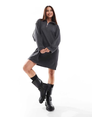 Pieces half zip sweat mini dress in dark grey
