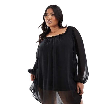 ASOS DESIGN Curve ruffle neck mini smock dress in black