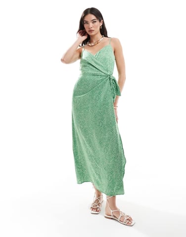 ONLY strappy wrap dress in green mini leopard