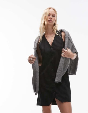 Topshop wasitcoat mini dress in black and white pinstripe jacquard