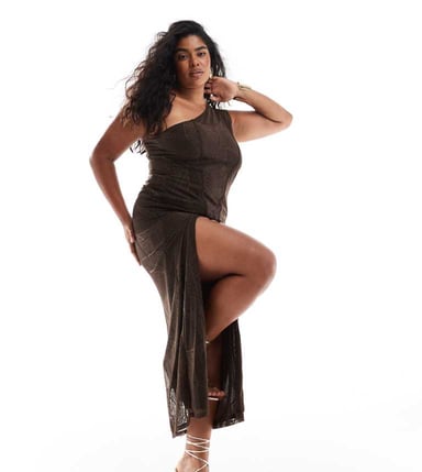ASOS DESIGN Curve patchwork lace one shoulder maxi dress in chocolate