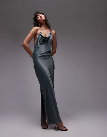 Topshop drape halter neck occasion maxi dress in petrol