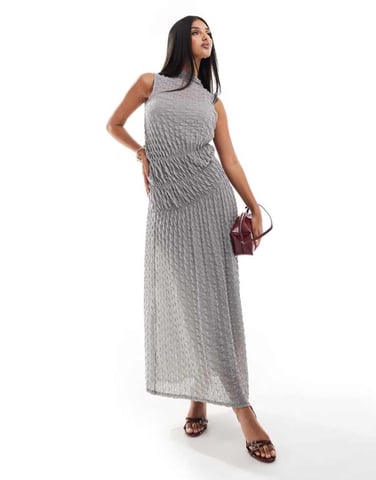 ASOS DESIGN crinkle high neck ruched maxi dress with seam detail in light grey