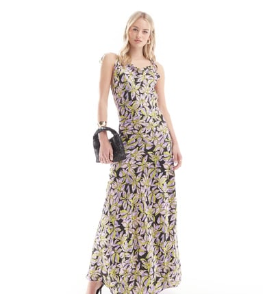 Vero Moda Tall satin tie shoulder maxi slip dress with seam detail in purple print