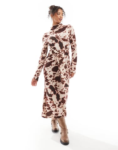 ASOS DESIGN ASOS DESIGN chunky ribbed maxi dress with wrap waist in cow print