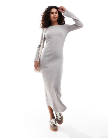 COLLUSION slash neck knitted maxi dress grey