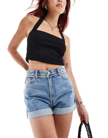Monki Tallie turn up denim shorts in mid blue