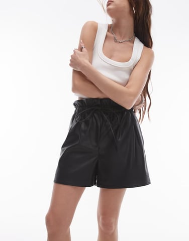 Topshop faux leather paperbag short in black