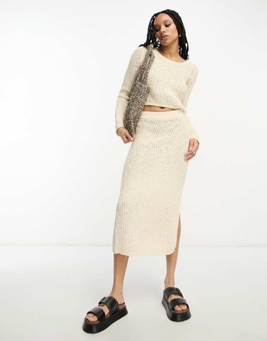 ASOS DESIGN knitted maxi skirt in textured ladder stitch in cream co-ord