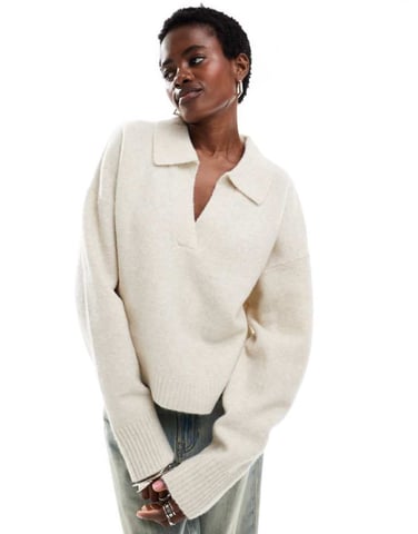 Monki knitted polo jumper in off-white