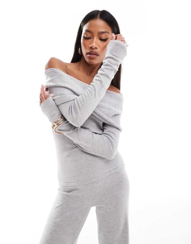 Kaiia exclusive knitted foldover bardot jumper co-ord in grey
