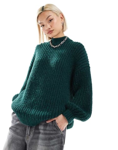 Monki high neck chunky rib knitted jumper with volume sleeve in dark green