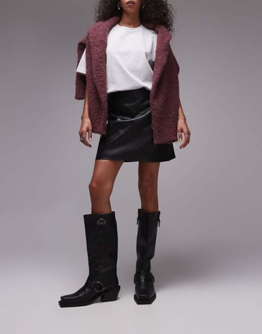 Topshop faux leather panelled seam pelmet skirt in black