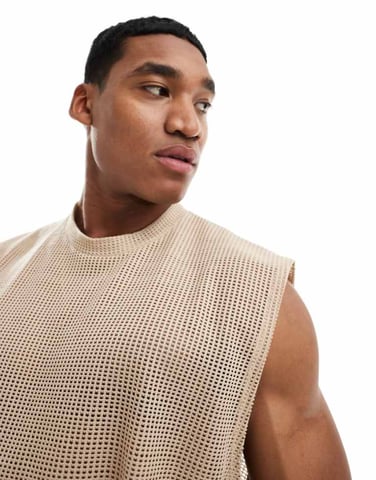 ASOS DESIGN oversized tank in beige open mesh