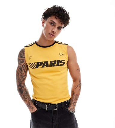 COLLUSION Football vest top in yellow with Paris print