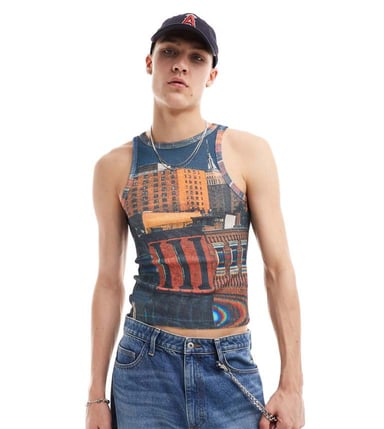 COLLUSION mesh vest with city scape in shrunken fit