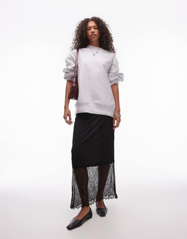 Topshop crinkle lace hem detail midi skirt in black