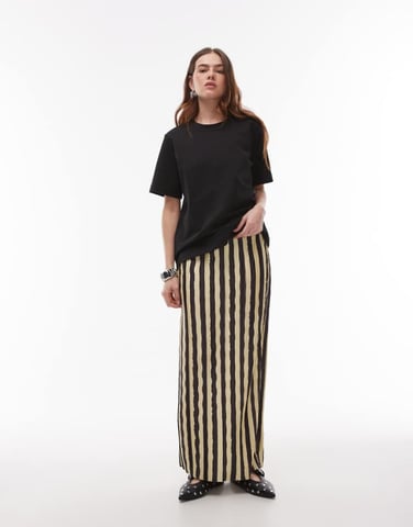 Topshop stripe plisse midaxi skirt in chocolate