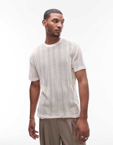 Topman relaxed fit short sleeve open knit t-shirt in ecru