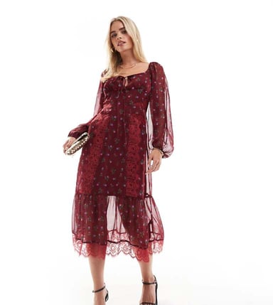ASOS DESIGN Petite long sleeve tie front midi dress with lace inserts in burgundy ditsy floral