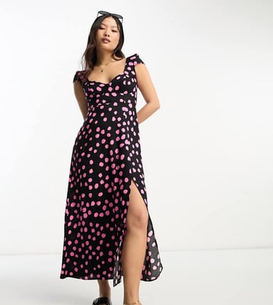 ASOS DESIGN Petite viscose sweetheart neckline split front midi dress in spot