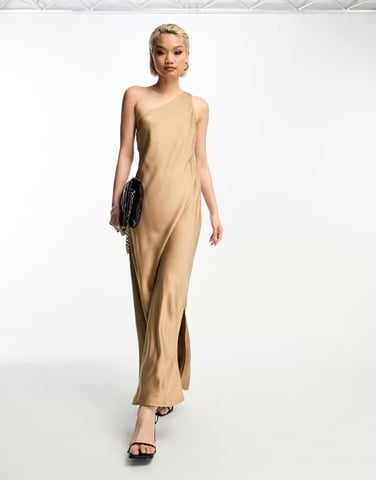Selected Femme one shoulder satin midi dress in copper