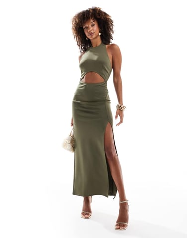 ASOS DESIGN cut out detail midi dress in khaki in scuba-style fabric