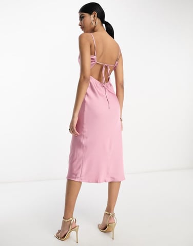 Vila satin cami midi dress with tie back in dusty pink
