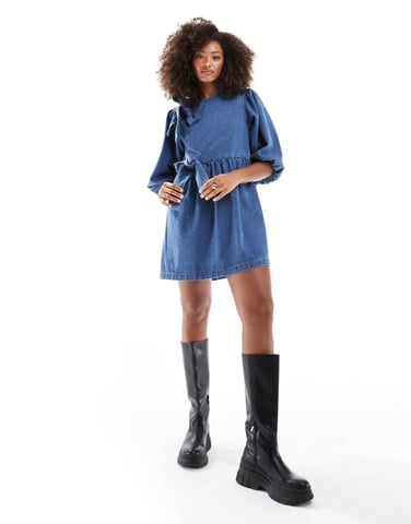 ASOS DESIGN denim bow asymmetrical bow dress in mid blue