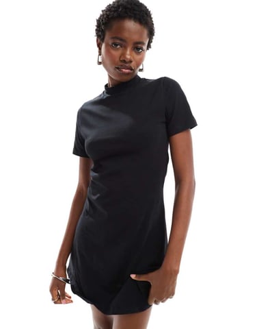 Noisy May moch neck mini skater dress in black