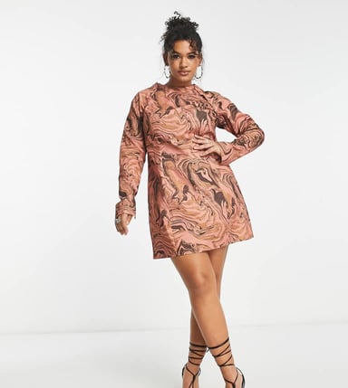 ASOS DESIGN Curve cotton puff sleeve mini dress with removable sleeves in tan swirl print