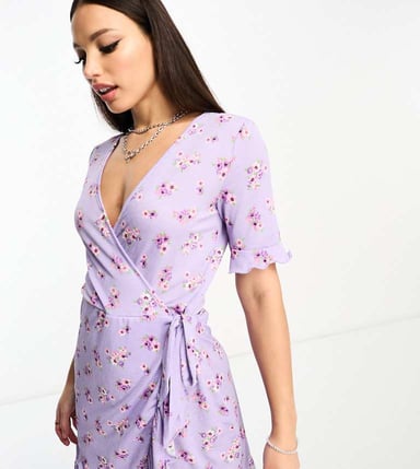 JDY Tall exclusive wrap mini tea dress in lilac vintage floral