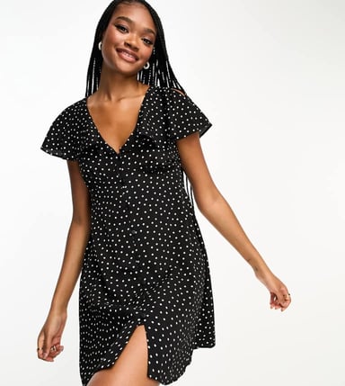 ASOS DESIGN Tall flutter sleeve mini tea dress with buttons in mono spot
