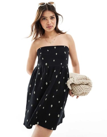 ONLY cotton bandeau mini dress with leaf print in black
