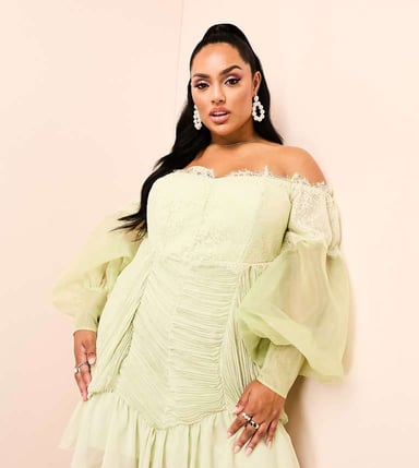 ASOS LUXE Curve bardot lace ruched sheer puff sleeve mini dress in green